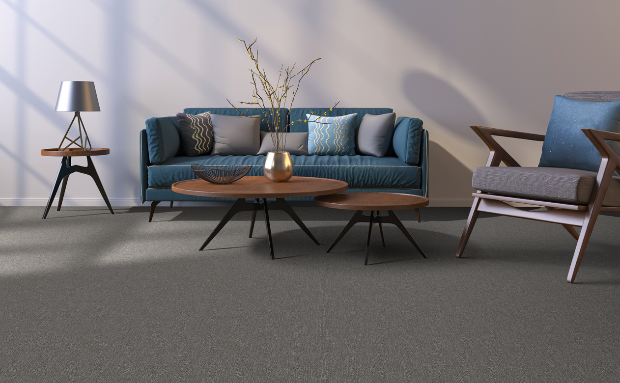 dark grey carpet in living room area with blue sofa